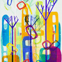 Cities and Trees 5, 11”x16” image on 19” x 23 1/2” paper.  Oil Monoprint with Stencils.