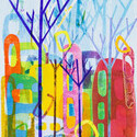 Cities and Trees 11, 11”x16” image on 19” x 23 1/2” paper.  Oil Monoprint with Stencils.