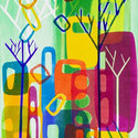 Cities and Trees 14, 11”x16” image on 19” x 23 1/2” paper.  Oil Monoprint with Stencils.