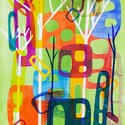 Cities and Trees 19, 11”x16” image on 19” x 23 1/2” paper.  Oil Monoprint with Stencils.