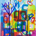 Cities and Trees 22, 11”x16” image on 19” x 23 1/2” paper.  Oil Monoprint with Stencils.